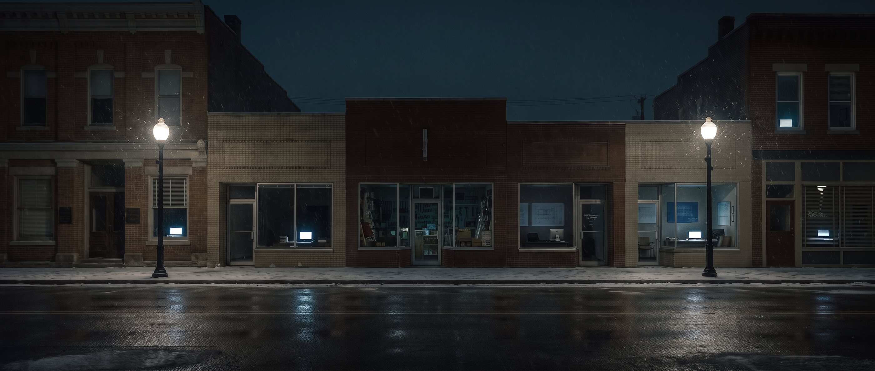 A main street at night: a law firm, an accounting office, a home builder's design studio, a construction office, a dental clinic and an insurance agency upstairs, each with a screen glowing inside